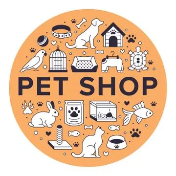 Pet shop vector circle banner with flat line icons. Dog house, cat food, bird Stock Illustration