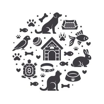 Pet shop vector circle banner with flat silhouette icons. Dog house, cat food Stock Illustration