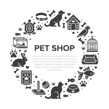 Pet shop vector circle banner with flat silhouette icons. Dog house, cat food Stock Illustration