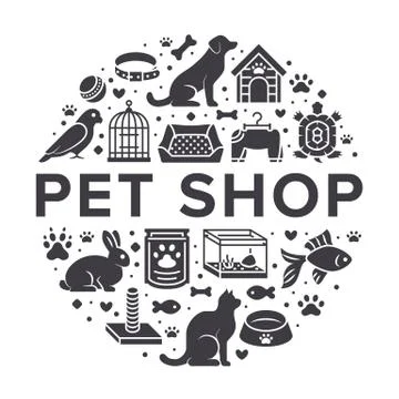 Pet shop vector circle banner with flat silhouette icons. Dog house, cat food Stock Illustration