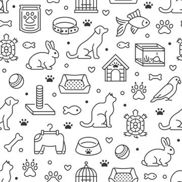 Pet shop vector seamless pattern with flat line icons of dog house, cat food Stock Illustration