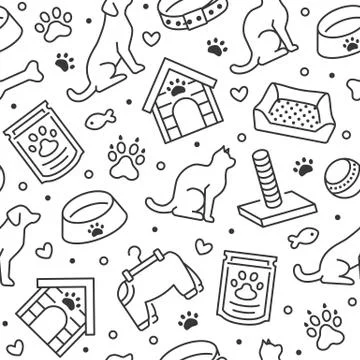 Pet shop vector seamless pattern with flat line icons of dog house, cat food Stockillustratie