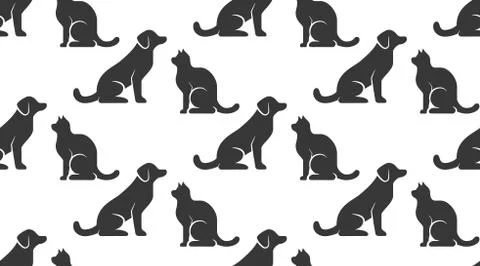 Pet shop vector seamless pattern with flat icons of dog and cat sitting opposite Stock Illustration