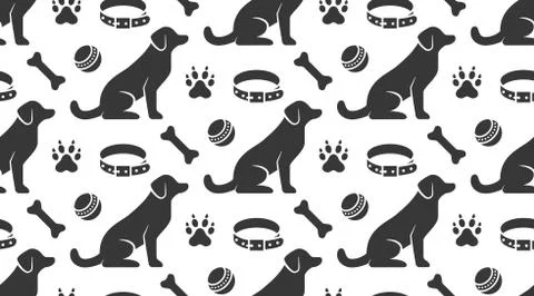 Pet shop vector seamless pattern with flat icons of sitting dog, collar, paw Illustrazione stock