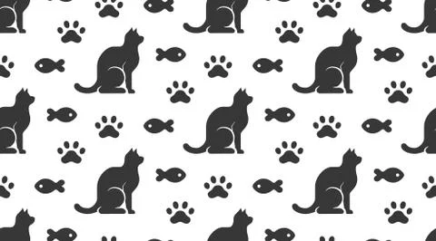 Pet shop vector seamless pattern with flat icons of sitting cat, paw and fish イラスト素材