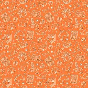Pet shop vector seamless pattern with flat line icons of dog house, cat food Stock Illustration