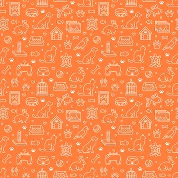 Pet shop vector seamless pattern with flat line icons of dog house, cat food Illustrazione stock