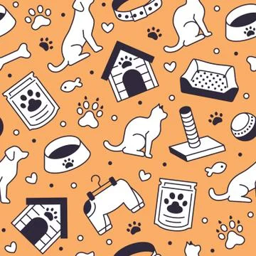 Pet shop vector seamless pattern with flat line icons of dog house, cat food Illustrazione stock