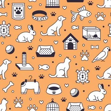 Pet shop vector seamless pattern with flat line icons of dog house, cat food Illustrazione stock