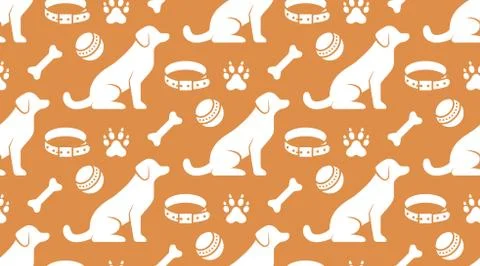 Pet shop vector seamless pattern with flat icons of sitting dog, collar, paw Illustrazione stock