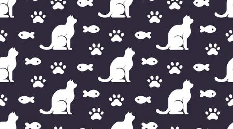 Pet shop vector seamless pattern with flat icons of sitting cat, paw and fish Stock Illustration