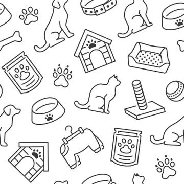 Pet shop vector seamless pattern with flat line icons of dog house, cat food Stock Illustration