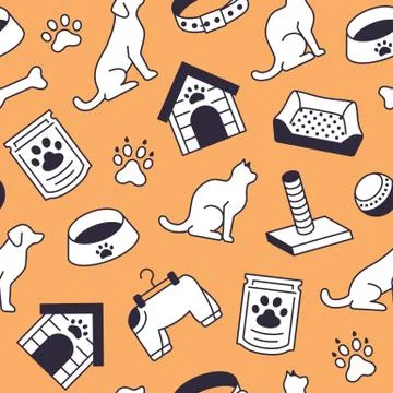 Pet shop vector seamless pattern with flat line icons of dog house, cat food Stock Illustration