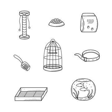Pet store doodle, a set of icons of goods for the animal store. Vector illu.. Stock Illustration