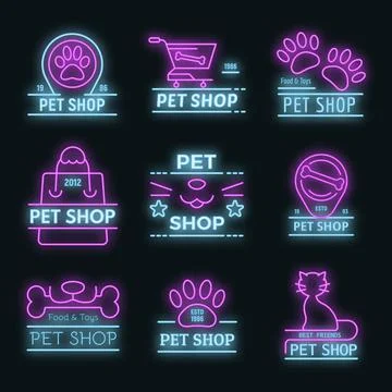 Pet store icons set vector neon Illustrazione stock