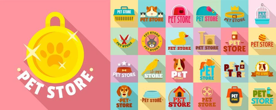 Pet store logo set, flat style Stock Illustration