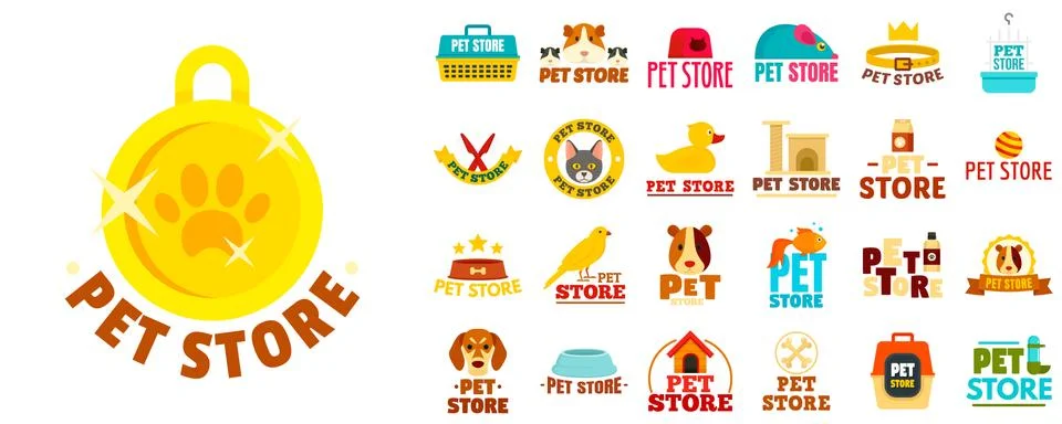 Pet store logo set, flat style Stock Illustration