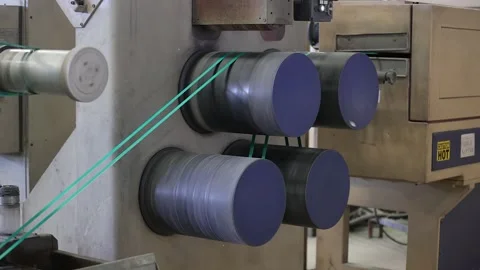 PET strap moving next process with horizontal roller alignment system Stock Footage 305832160