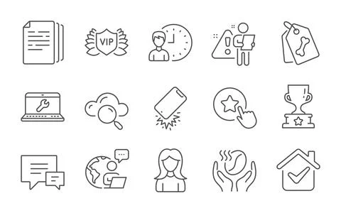 Pet tags, Copy documents and Smartphone broken icons set. Loyalty star, Cloud Illustrazione stock