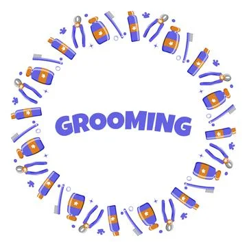 Pet tools frame with text in the center grooming. white background Stock Illustration
