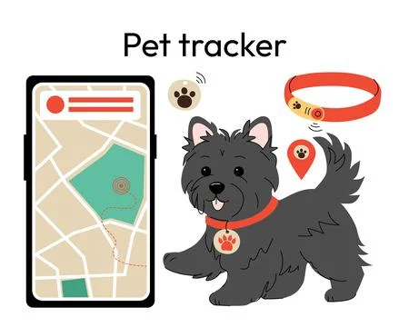 Pet tracking system featuring a dog wearing a smart GPS collar, a tracking app Illustrazione stock