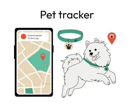 Pet tracking system featuring a happy Samoyed dog wearing a GPS collar, a Stock Illustration