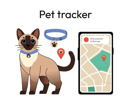 Pet tracking system featuring a Siamese cat wearing a GPS collar, a smartphone Stock Illustration