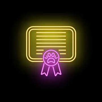 Pet training certificate with paw print ribbon neon Stock Illustration