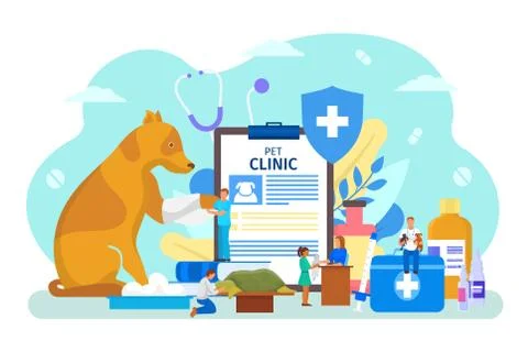 Pet veterinary clinic vector illustration, cartoon flat tiny veterinarian people Stock Illustration