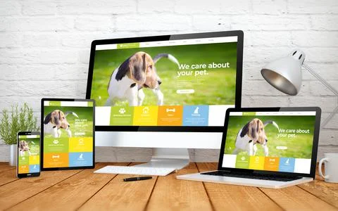 Pet website responsive design screen multidevices Stock Illustration