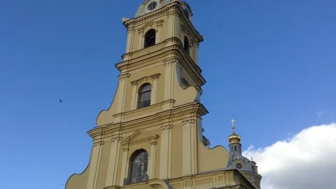 Peter and Paul Cathedral in St. Petersburg and clouds - bottom up view Stock Footage 119687880