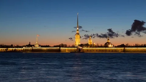 Peter and Paul fortress at sunset, St. Petersburg, Russia Stock Footage