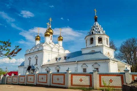 Peter and Paul monastery. The old snow-white Church of the Holy mother of God Stock Photos