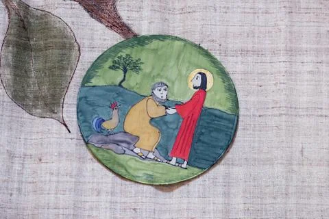 Peter denies Jesus before the rooster crows three times Stock Photos