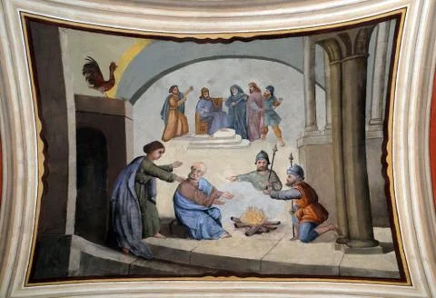 Peter denies Jesus before the rooster crows three times Stock Photos