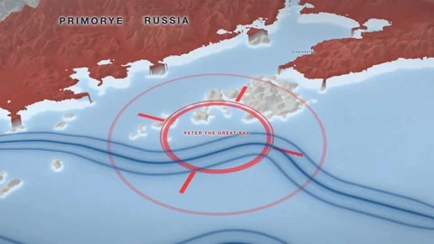 Peter The Great Bay naval blockade map on a pale 3D terrain relief 스톡 동영상 344267516