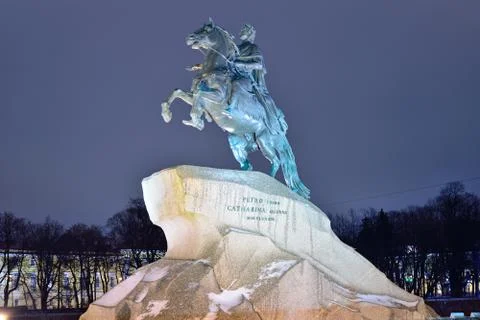 Peter the great monument - bronze horseman, winter's night Stock Photos