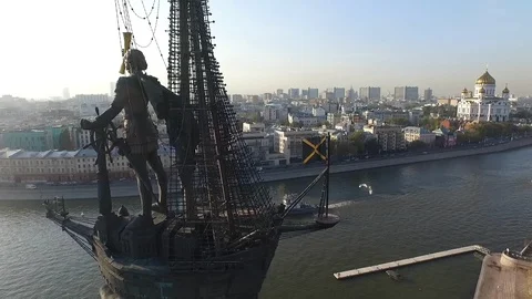 Peter the Great Statue and Cathedral of Christ the Saviour Stock Footage 129840417