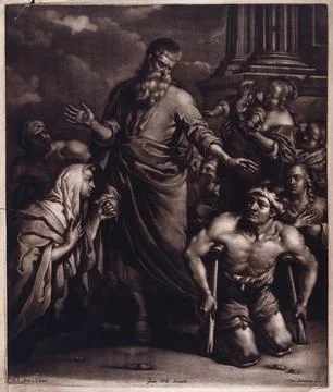 Peter heals the lame man outside the temple. Mezzotint by P. van Somer afte.. Stock Illustration