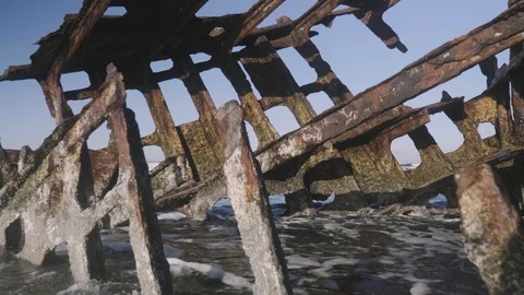 Peter Iredale shipwreck fort stevens astoria ocean beach close up reveal Stock Footage 127388261