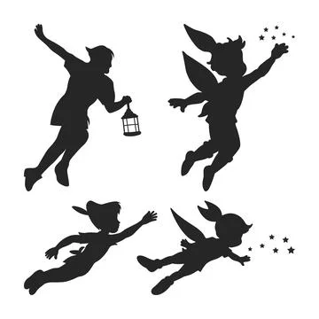 Peter Pan Flying Silhouette Elements Collection, Peter Pan set vector clipart Stock Illustration