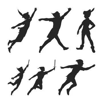 Peter Pan Flying Silhouette Elements Collection, Peter Pan set vector clipart 스톡 일러스트