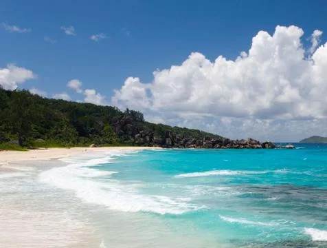 Petit Anse Beach on La Digue Island, Seychelles, Tropical Paradise Stock-Fotos