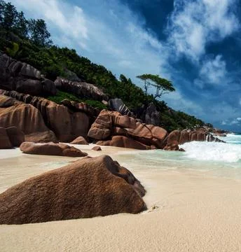 Petit Anse Beach on La Digue Island, Seychelles, Tropical Paradise Stock Photos