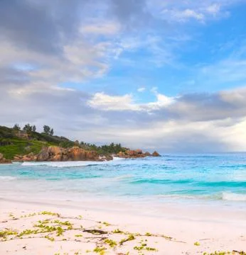 Petit Anse Beach on La Digue Island, Seychelles, Tropical Paradise Stockfoto's