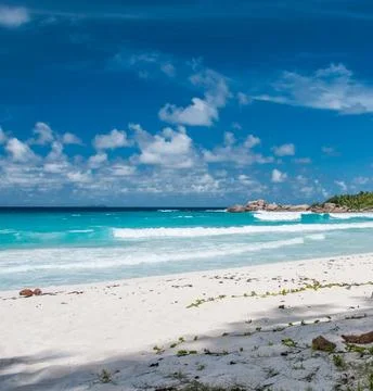 Petit Anse Beach on La Digue Island, Seychelles, Tropical Paradise Stockfoto's