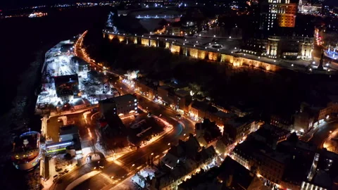 Petit Champlain and Chateau Frontenac Curfew night Aerial view Stock-Footage 146962711
