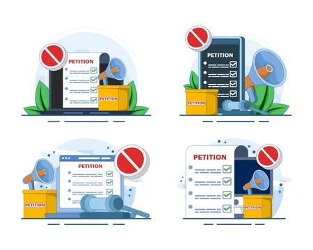 Petition illustration set featuring online forms, voting ballots. Stock Illustration