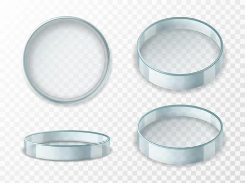 Petri dish. Realistic 3d empty glass lab cup in different angles, test container Stock Illustration