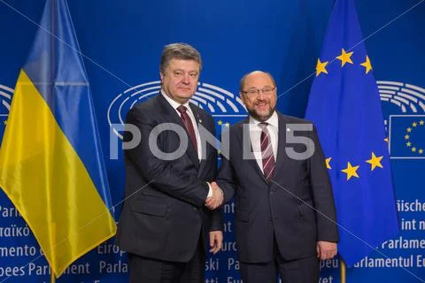 Petro Poroshenko and Martin Schulz Stock Photos